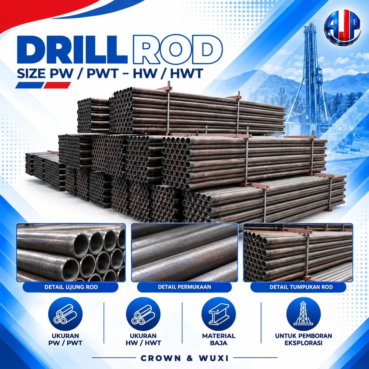 Pipa Pengeboran Wireline Seamless (Drill Rods NQ, HQ, PQ)
